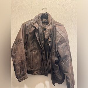 Oversized brown leather jacket